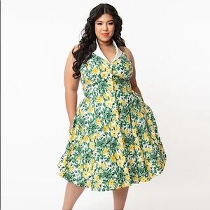 Unique Vintage Green and Yellow Floral Midi Dress